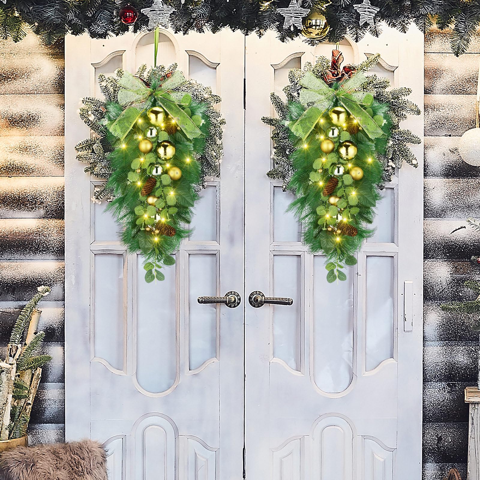 Photo 1 of Liliful 2 Pcs 24'' Pre Lit Christmas Teardrop Swags, Christmas Norfolk Stair Swags with Green Bowknot and Lights Berries, Winter Pine Needles Greenery Swag Wreath for Door Wall Window Home Xmas Decor