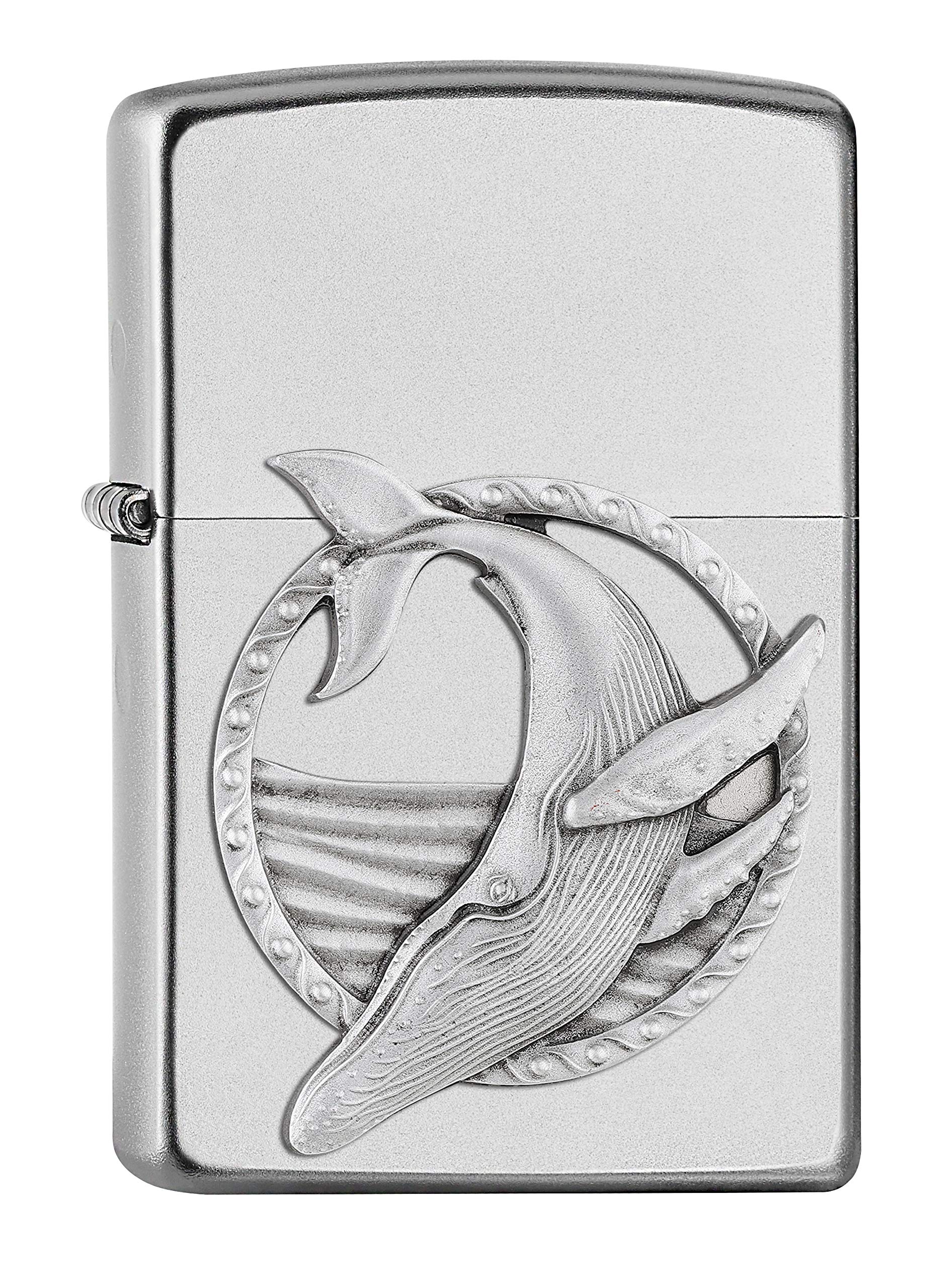Zippo - Windproof Lighter, Blue Whale Emblem, Satin Chrome, Refillable, Reusable, Windproof Design, Gift Box, Made in the USA
