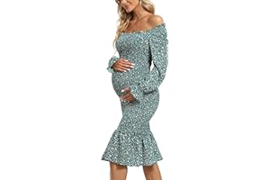 JINDIIM Long Sleeve Puff Maternity Dress Bodycon Ruffe Hem Square Neck Mermaid Baby Shower Dress
