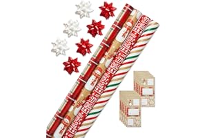 American Greetings Christmas Wrapping Paper Set, Red and Tan Brown Holiday Gift Wrap (120 sq. ft., 4 rolls-30 in. x 12 ft., 7 Adhesive Bows, 30 Gift Tag Stickers) Plaid, Stripes, and Snowmen