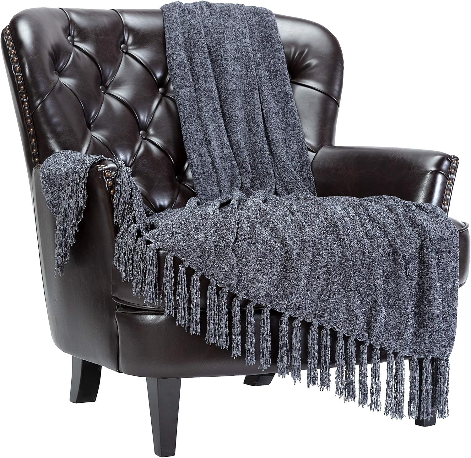Chanasya Chenille Velvety Texture Decorative Throw Blanket with Tassels - Soft Cozy Elegant with Subtle Shimmer for Sofa Chair Couch Bed Living Room Gray Throw Blanket (50x65 Inches) Dark Shadow