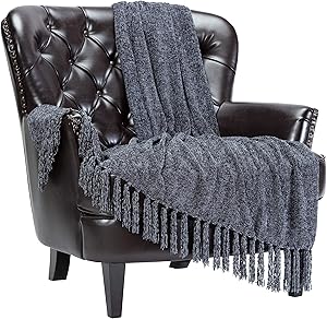 Chanasya Chenille Velvety Texture Decorative Throw Blanket with Tassels - Soft Cozy Elegant with Subtle Shimmer for Sofa Chair Couch Bed Living Room Gray Throw Blanket (50x65 Inches) Dark Shadow
