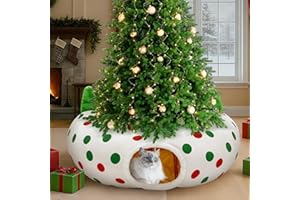 CORALMEE Cat Tunnel Christmas Tree Skirt, 3ft x 3ft x 9.8in Cat Tunnels for Indoor Cats, Red and Green Dot Cat Donut Tunnel with Hanging Ball and Cat Ears, Kitten Toys for Indoor Kittens Puppy Rabbit