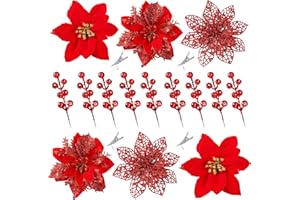 Sggvecsy 30 Pcs 3 Styles Christmas Glitter Poinsettia Flowers Artificial Berry Picks Christmas Tree Ornaments Artificial Christmas Flowers with Clips for Xmas Wedding Wreath Floral Decorations(Red)