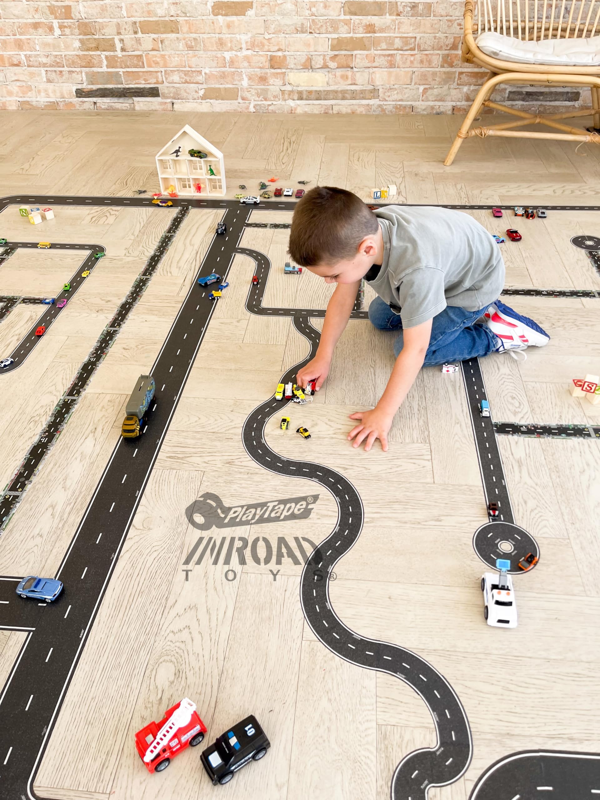 PlayTape Road Tape for Toy Cars - Sticks to Flat Surfaces; No Residue; 2-Pack of 30 ft. x 4 in. Asphalt Road
