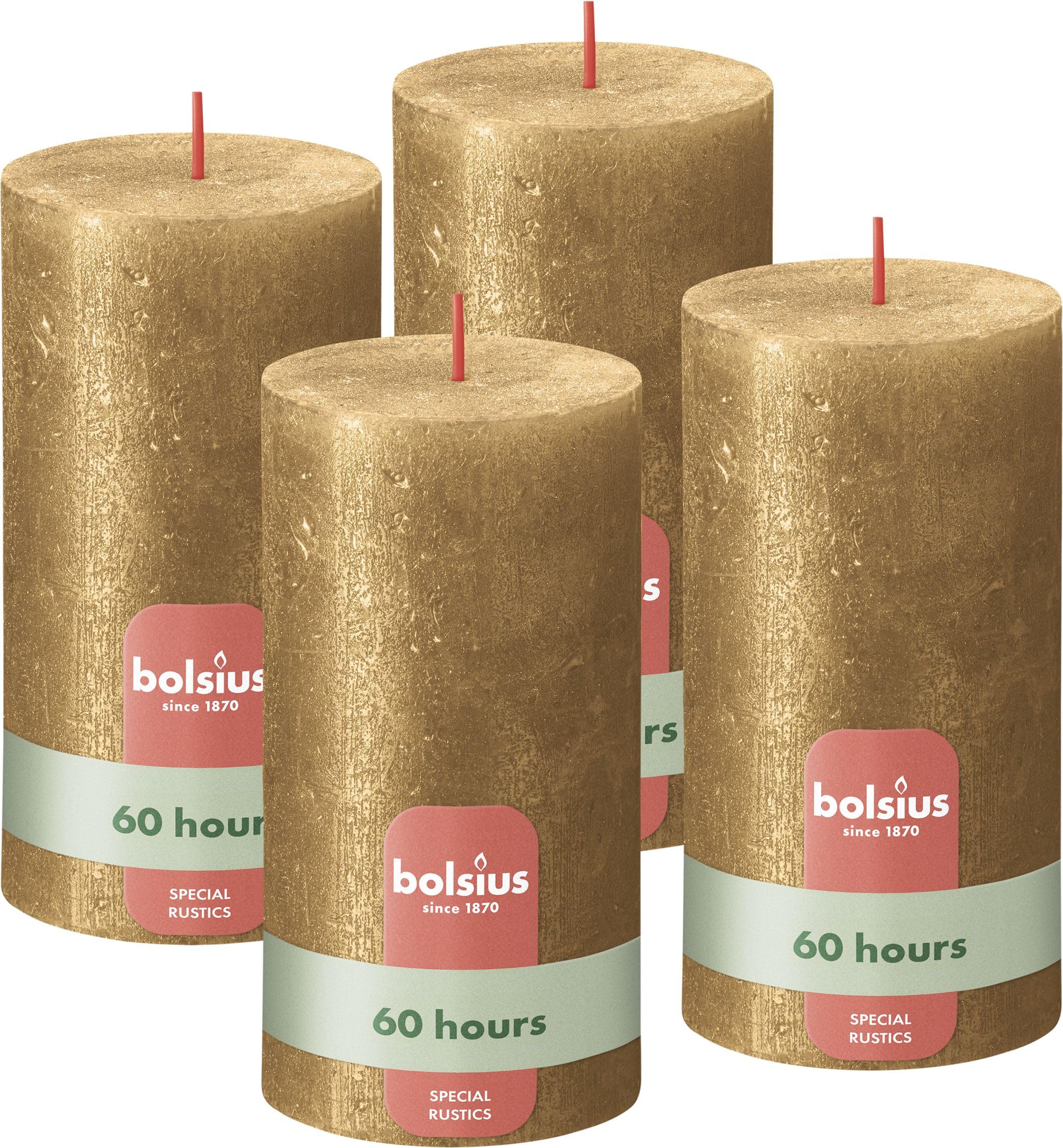 Bolsius Rustic Pillar Candle - Shimmer Gold - Pack of 4 - Long Burning Time of 60 Hours - Interior Decoration - Unscented - Includes Natural Vegan Wax - No Palm Oil - 13 x 7 cm