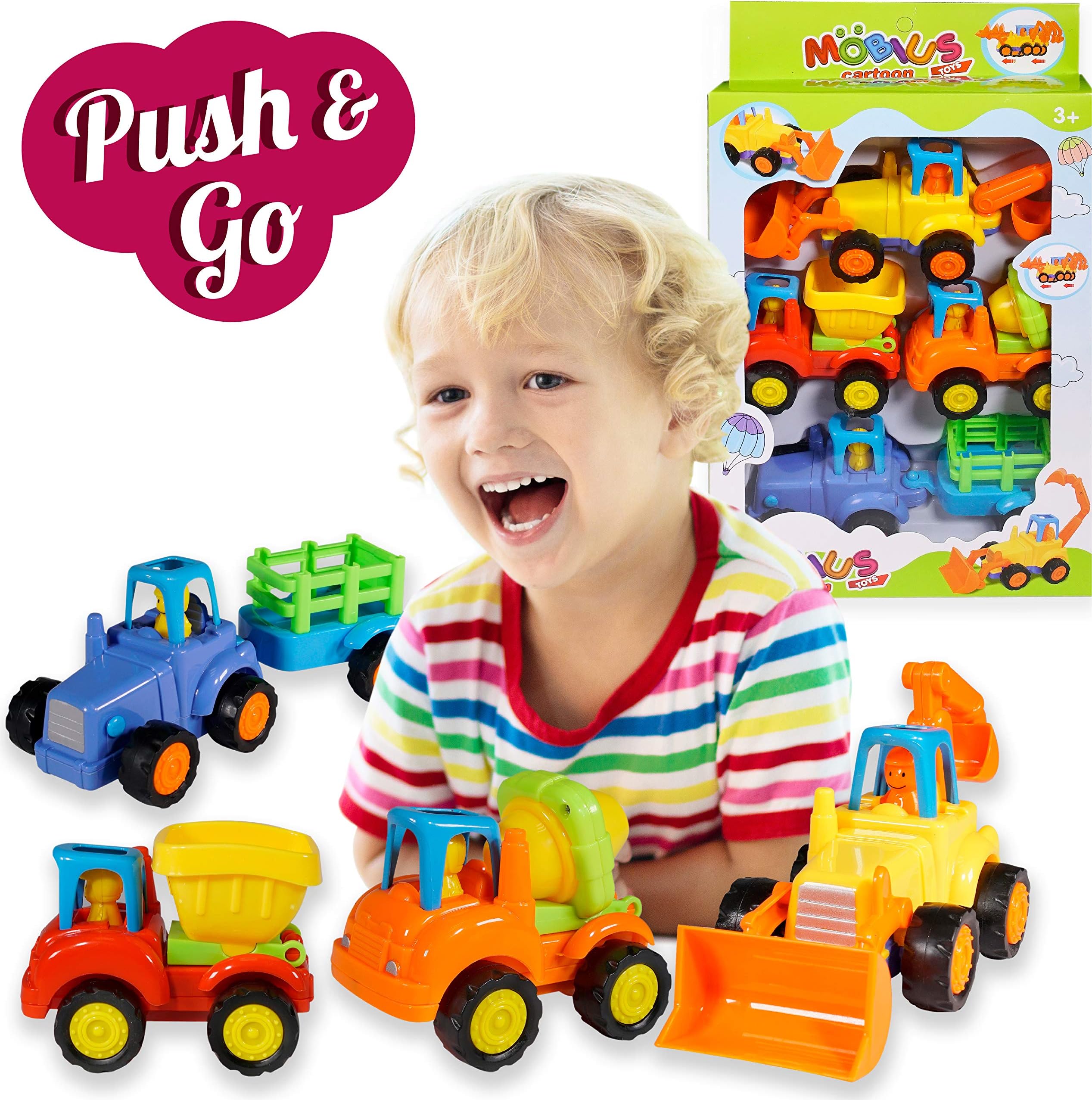 Friction Powered Cars Push and Go (4 Pack), Construction Vehicles Toys for Toddlers Including Tractor, Bulldozer, Cement Mixer, Dump Truck, Car Truck Toys Play Set for 3 4 5 Years Old Boys Gift