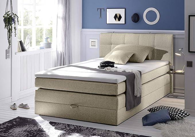 deine-tante-emma 56-B76-719 New Bedford Beige Braun Stoff 120 x 200 cm Boxspringbett Bettgestell Jugendbett Gästebett inkl. K