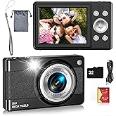 Digital Camera for Kids, FHD 1080P 56MP Autofocus Point and Shoot with 16X Zoom, 32GB TF Card, Battery, Flash, Face Detect, Anti Shake, Compact Travel Cameras for Boys Girls Teens Kids Gift(Black)