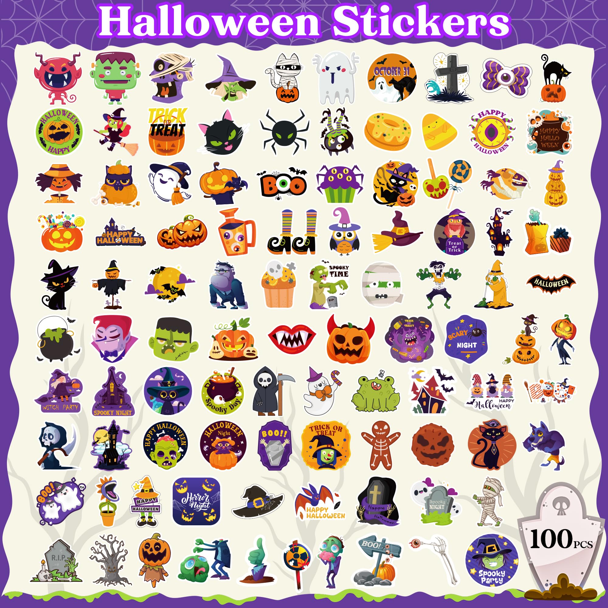 OHOME Halloween Stickers | 100 PCS Halloween Party Favors - Halloween Games Toys Gifts Party Supplies - Crafts Accessories Treats Bulk for Classroom