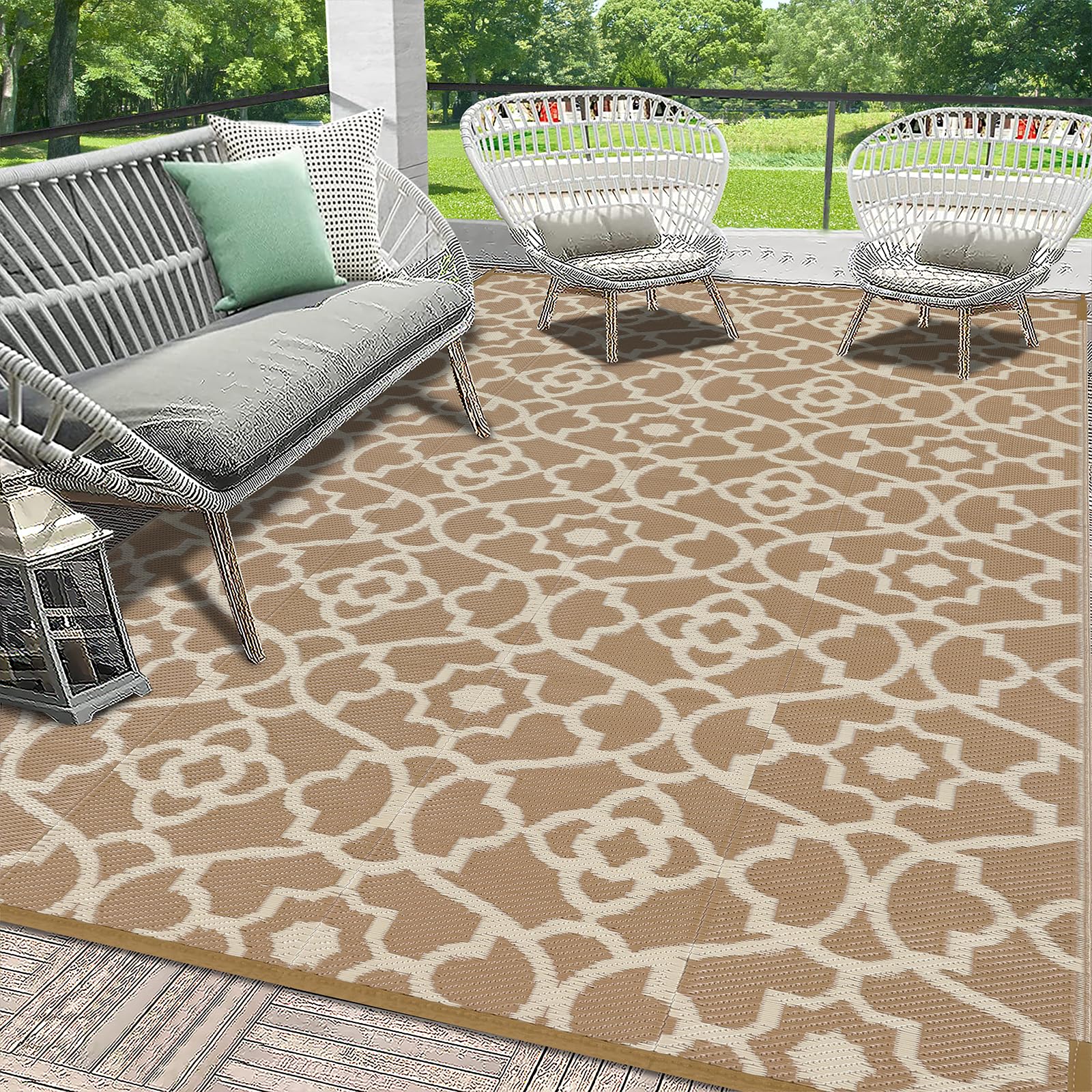 Photo 1 of HEBE Outdoor Rug Waterproof 8x10, Plastic Straw Rug Camping Rug, Reversible Outdoor Patio Rugs RV Mat Clearance, Indoor Outside Floor Carpet for Porch,Deck,Camper,Balcony,Backyard