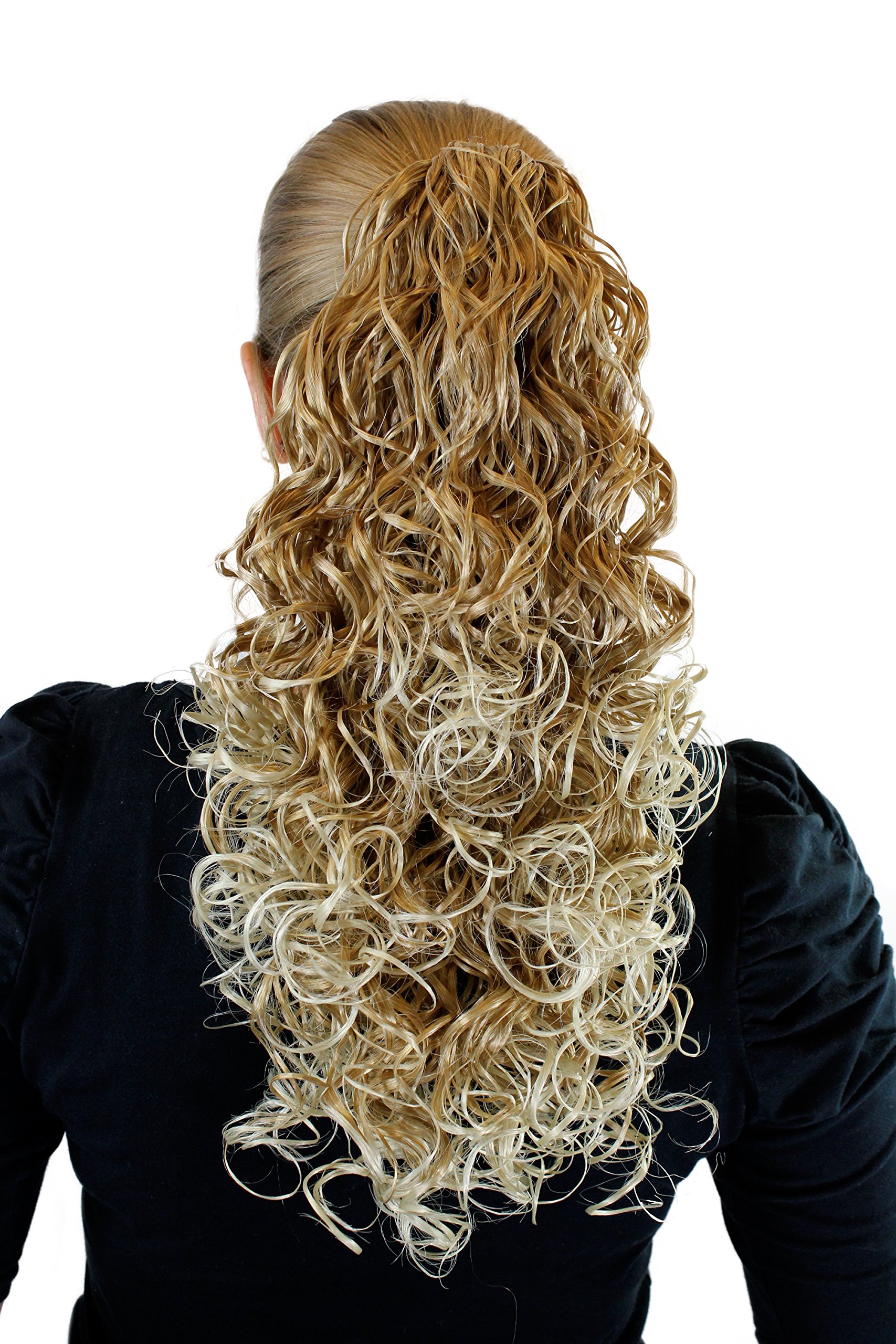 WIG ME UP - 6046-16T88 Ponytail Hairpiece extension medium long full voluminous curls curled clap clamp dark blond streaked bright blond highlights 16inch
