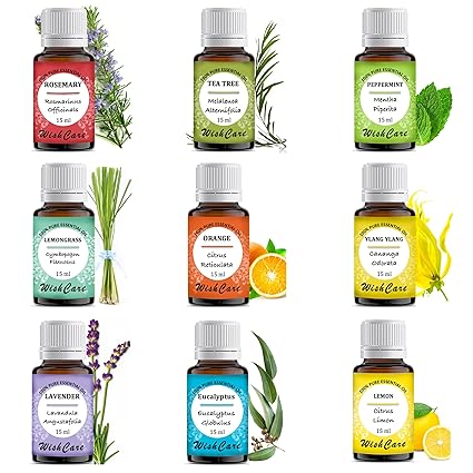 WishCare Essential Oil 9 In One Pack |Undiluted & Natural | Lemon Grass, Lemon, Lavender, Orange, Tea Tree, Peppermint, Eucalyptus, Rosemary, Ylang Ylang, 15 ML Each