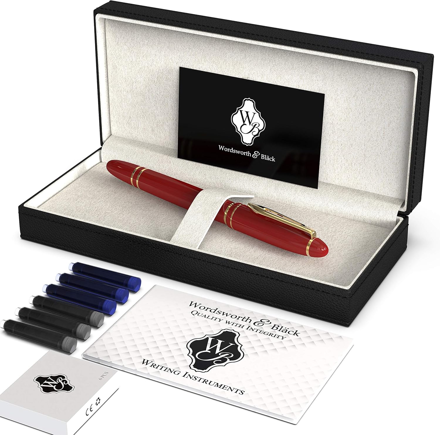 Wordsworth & Black Majesti Fountain Pen-(Red), Luxury Case, 24K Gold Finish; 18K Gilded Medium Nib- Ink Cartridges - Image 3