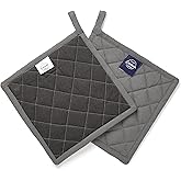 Encasa XO Heat Resistant Cotton Pot Holders with Hanging Loop - Set of 2 - Grey - Multipurpose Quilted Everyday Hot Pad for Kitchen, Camping, BBQ & Microwave - 8x8 in