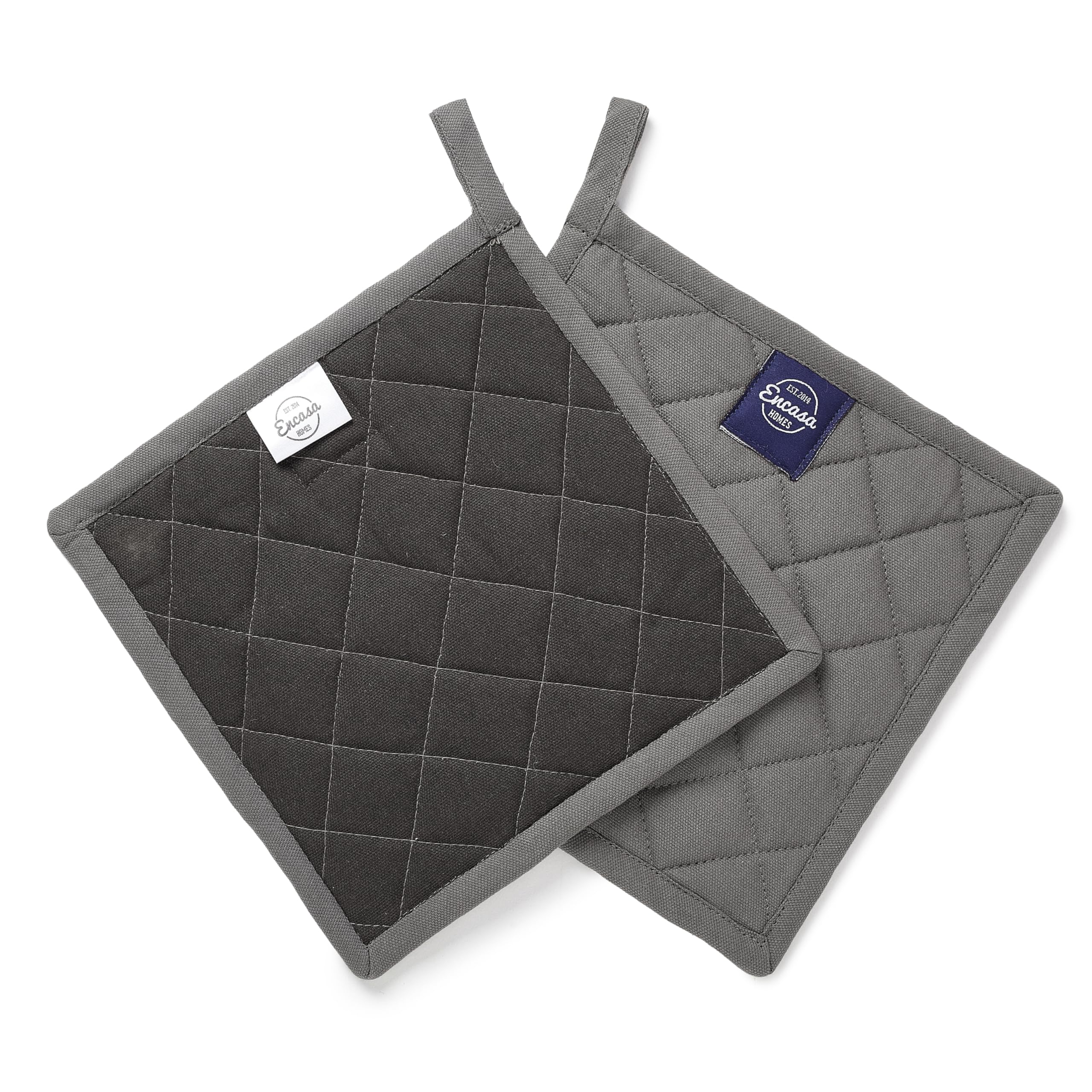 Encasa XO Heat Resistant Cotton Pot Holders With Hanging Loop - Set Of 2 - Grey - Multipurpose Quilted Everyday Hot Pad For Kitchen, Camping, BBQ & Microwave - 21 cm — image 1