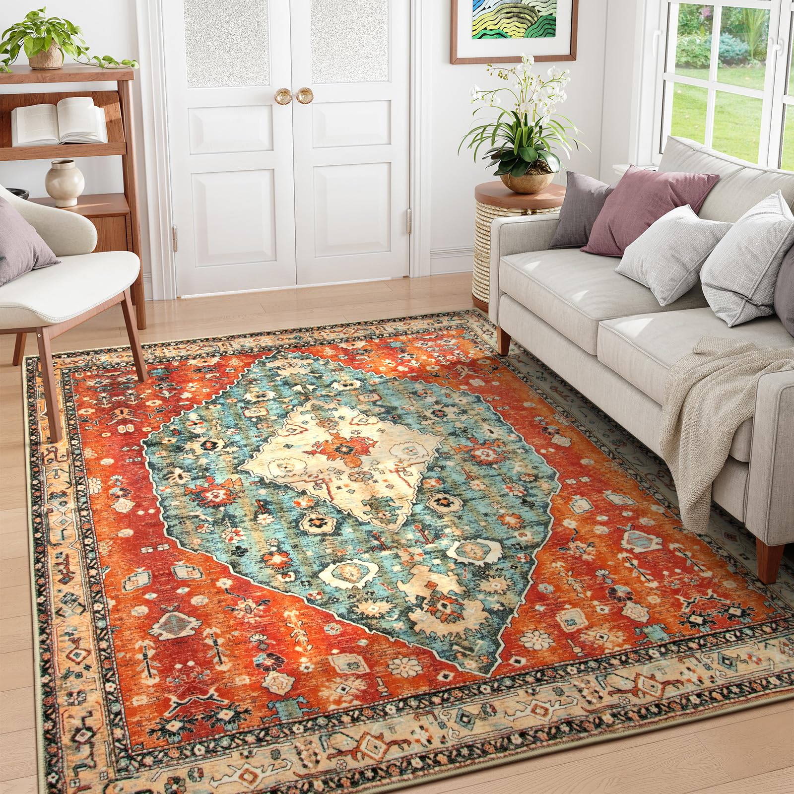 Photo 1 of Lahome Boho Tribal Square 8x8 Area Rug, Washable Rugs for Living Room Soft Carpet for Bedroom, Oriental Distressed Indoor Stain Resistant Non-Shedding Floor Carpets for Dining Room Office Playroom