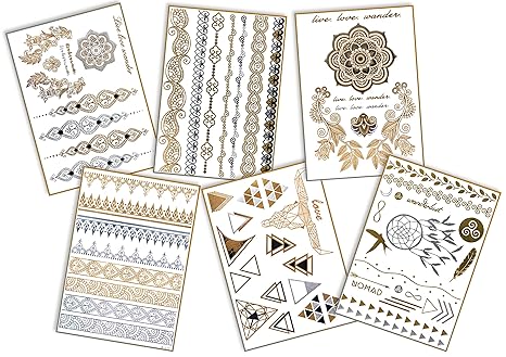Festival & Pool & Strand - Temporäre Fake Tattoos in gold/silber/schwarz - mit 60+ Motiven, wie Armbändern, Fußketten, Blumen