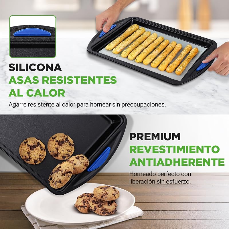 bandejas horno, Set de 3, Mangos de silicona, Apilables, Acero al carbono resistente, Antiadherente — foto 6 de 8