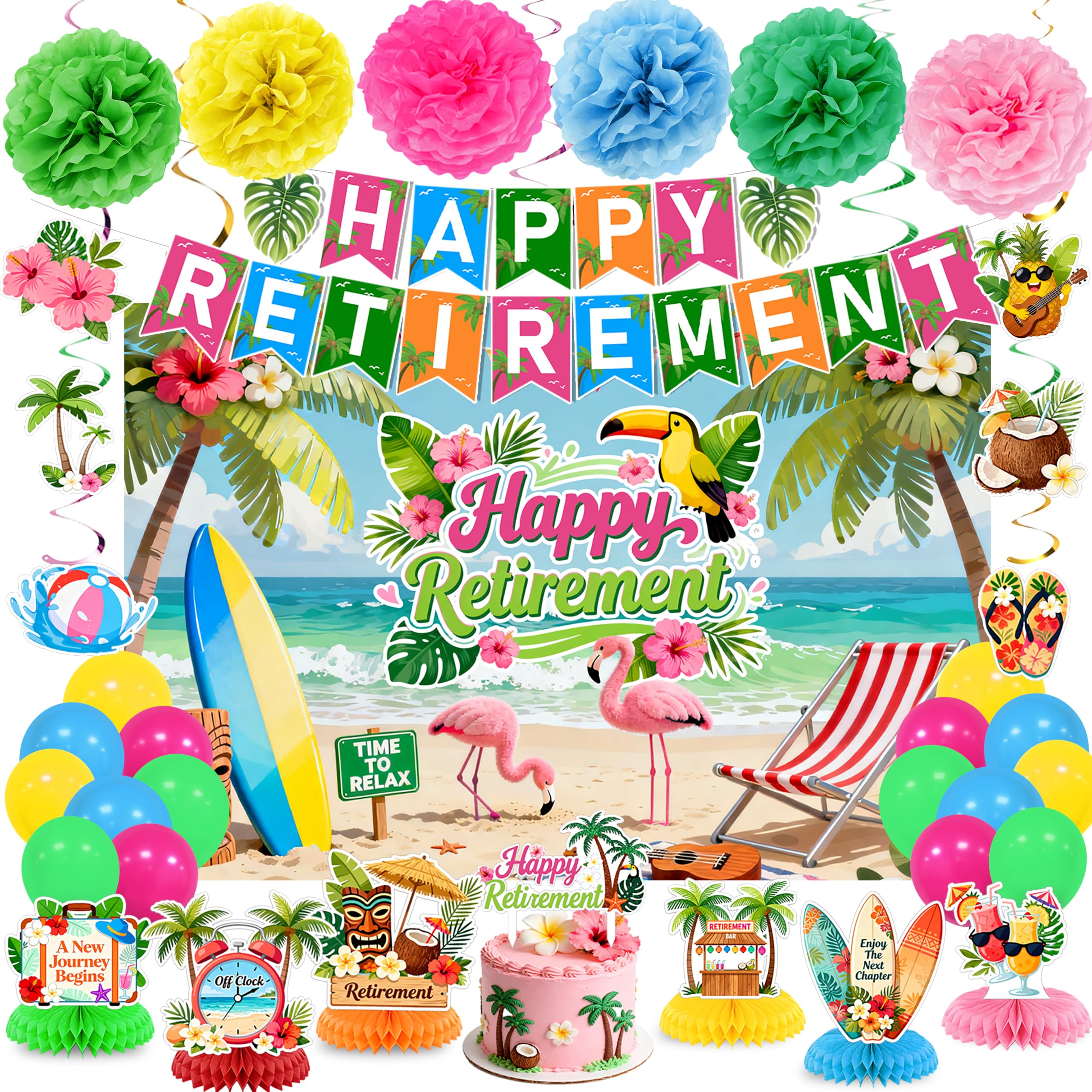 Luau Hawaiian Retirement Party Decorations Tropical Happy Retirement Banner Backdrop with Honeycomb Pom Poms Centerpieces Hanging Swirls Beach Summer Retirement Party Supplies