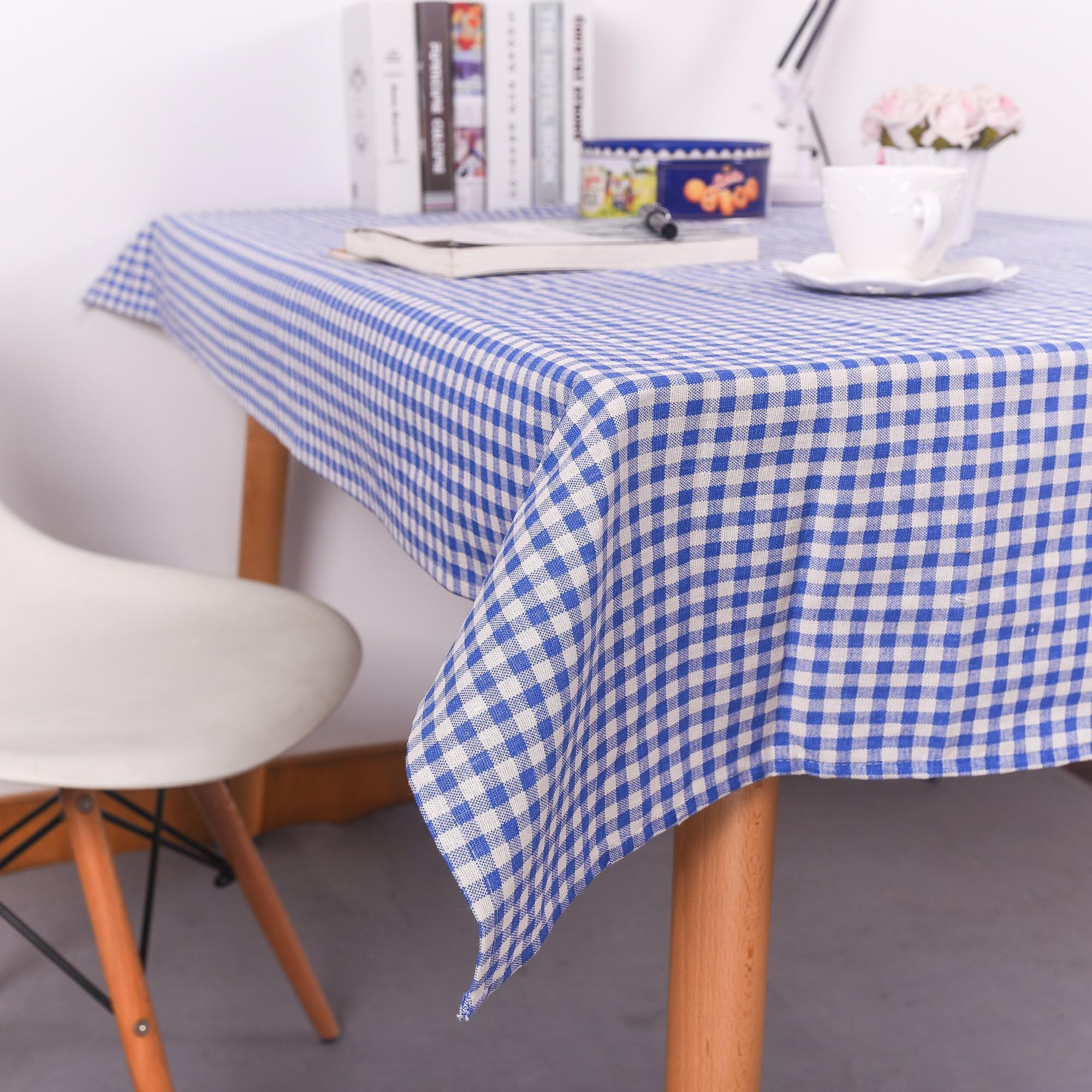 YUTIANHOME Tablecloth Rectangular Cotton Linen Dining Table/Picnic Cloth, Small-Checkered Blue,55 x 63 inches