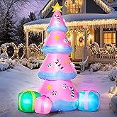 JOIEDOMI 7 FT Tall Christmas Tree Inflatables Outdoor Decoration, Christmas Inflatable Pink Tree with 3 Gift Boxes, Blow Up Xmas Tree with Build-in LEDs for Xmas Outdoor Yard Garden Lawn Decor