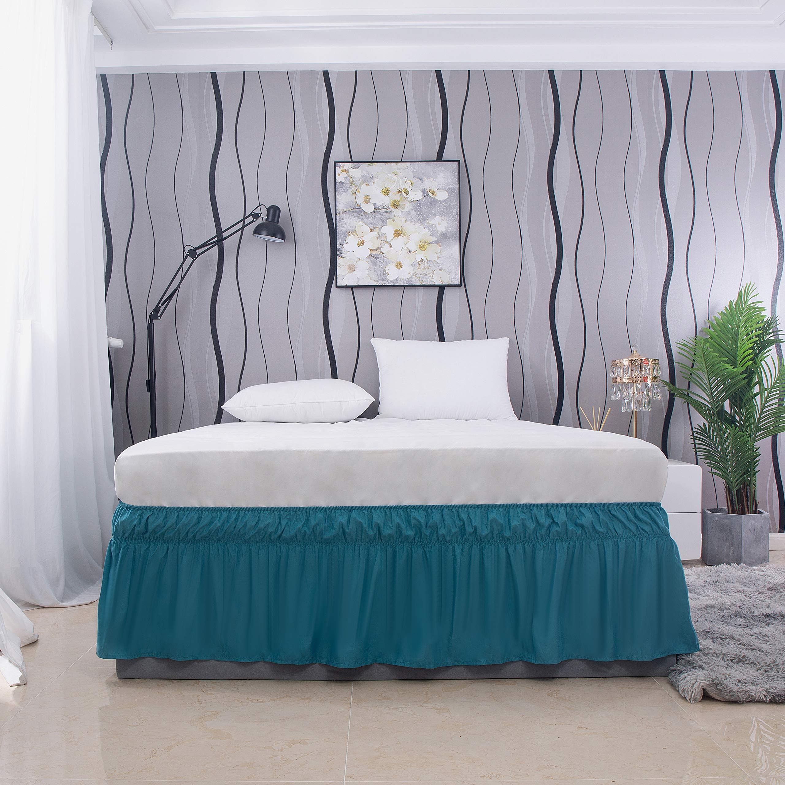 AYASW Bed Skirt Queen Size 14 Inch Drop Dust Ruffle 1800 Brushed Microfiber Three Fabric Sides Wrap Around with Elastic No Top Easy On Easy Care Light Teal Blue Holiday Decor