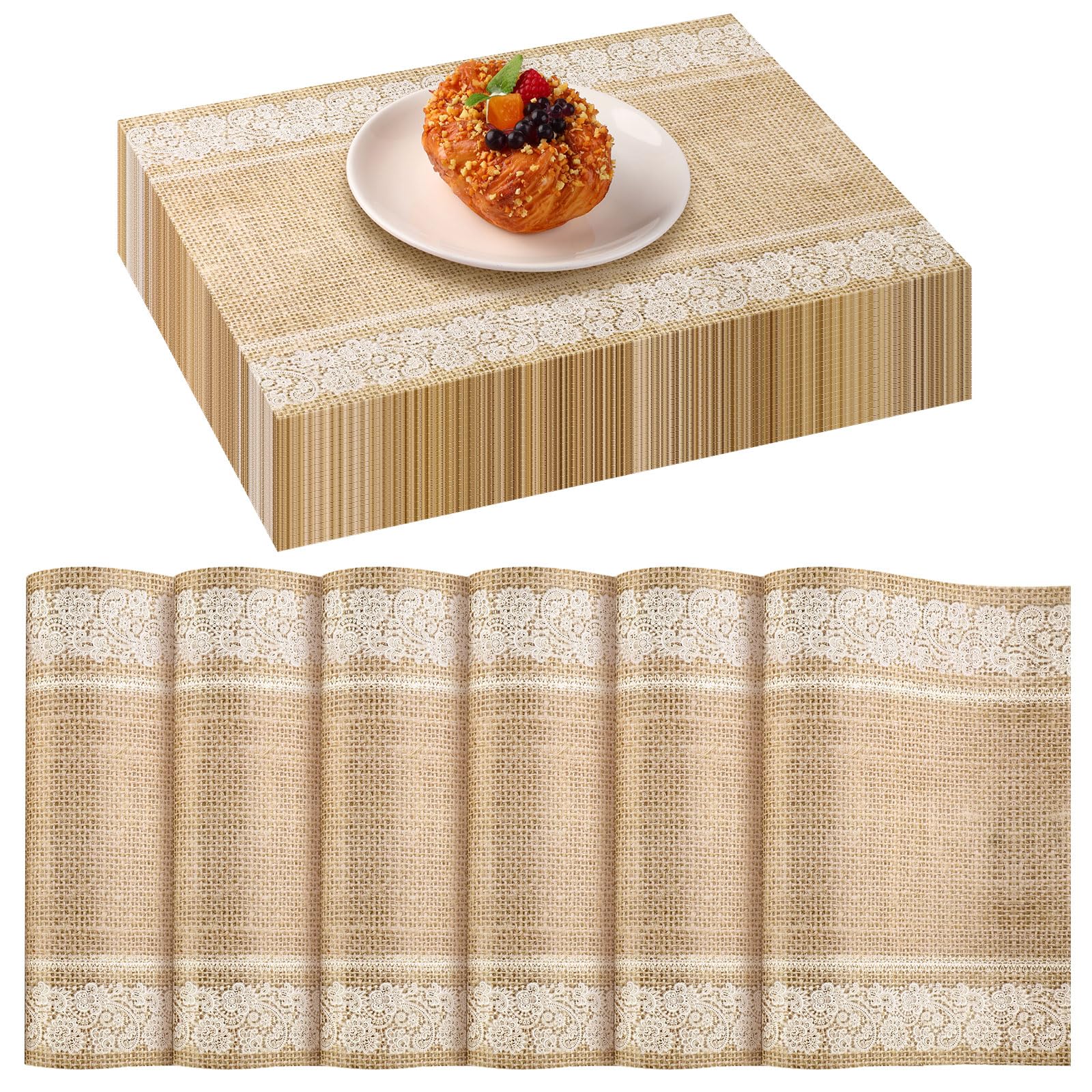 Photo 1 of Lallisa 100 Pcs Burlap Printed Paper Place Mats 14 x 10 in Lace Disposable Dining Table Placemat Rectangle Brown Kitchen Table Mat Vintage Placemat for Christmas Thanksgiving Wedding Party