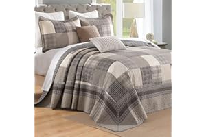 DDUOXIN Oversized King Bedspread 128" W x120 L - 100% Cotton Lightweight California King Quilt with 2 Pillow Shams, Farmhouse Plaid Reversible Bedspreads Coverlet Set, Brown/Beige/Dark Gray/Light Gray