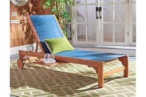 SAFAVIEH Outdoor Collection Ralden Natural Brown Solid Wood/Navy Fabric Adjustable Chaise Lounge Chair (PAT7070B)