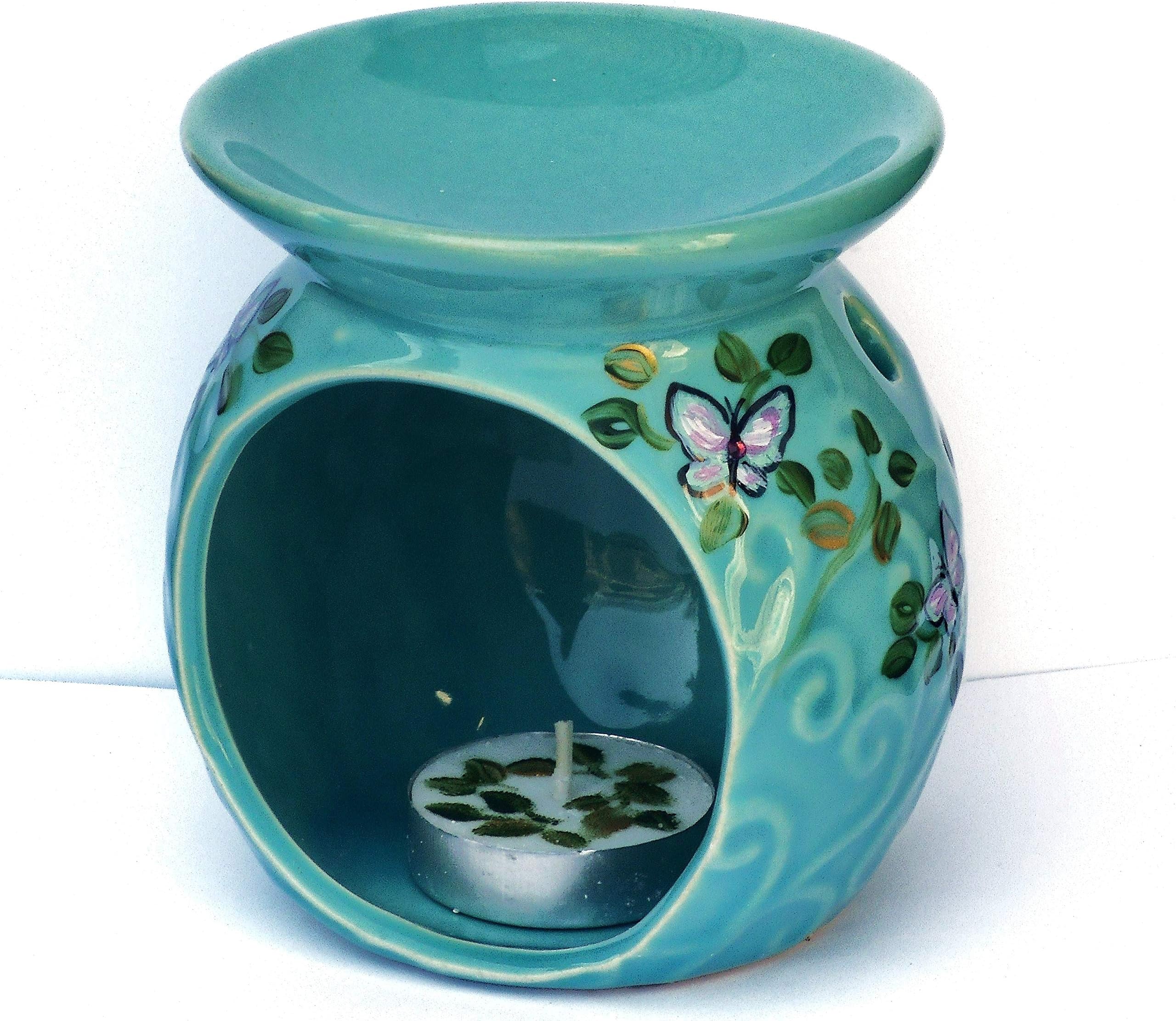 Turquoise Blue Ceramic Scented Oil Warmer Tea Light Holder Set Painted Butterfly Bohemian Decor Spring Decorations