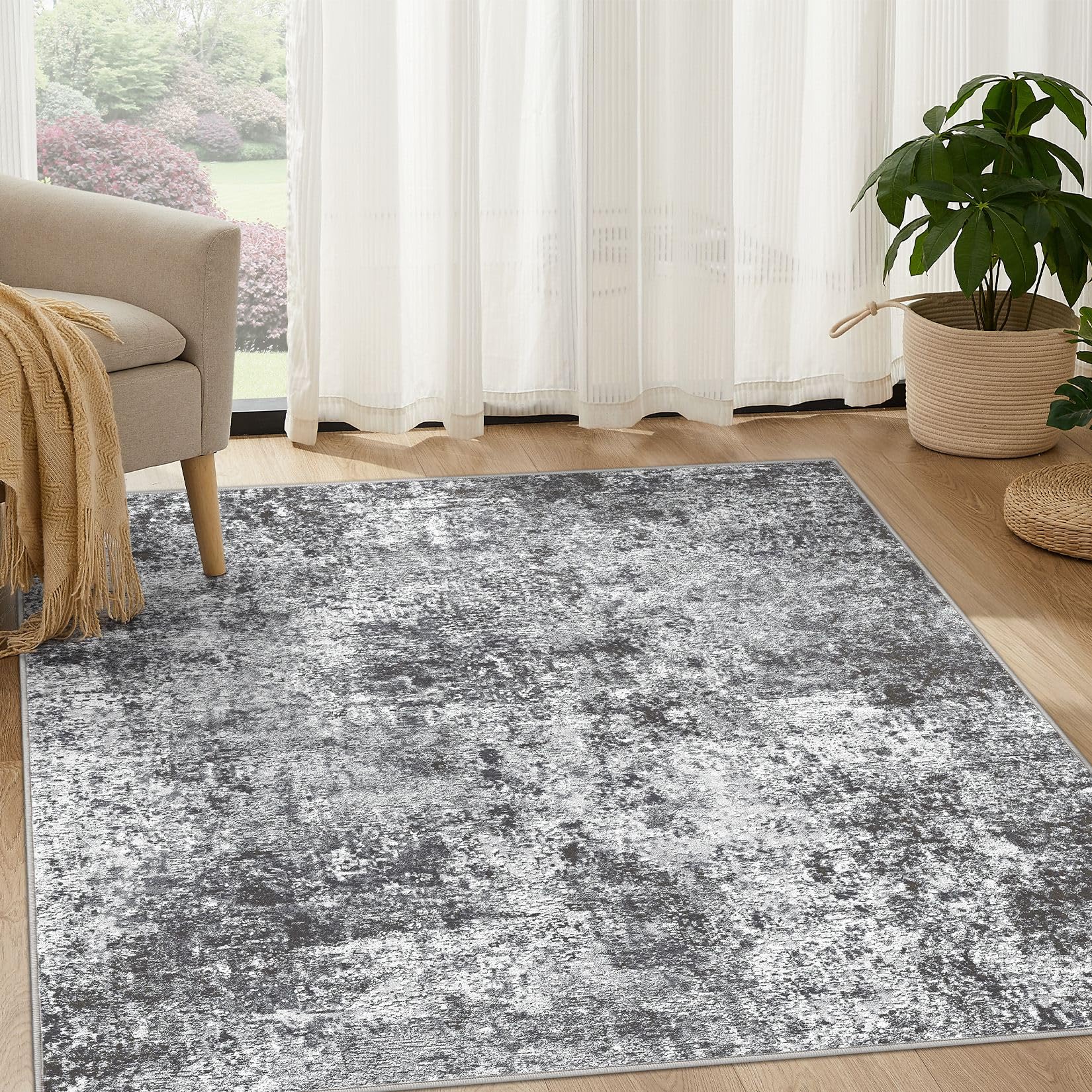 DMOYEST Square Area Rug Living Room Rugs - 5x5 Washable Large Soft Indoor Neutral Modern Abstract Low Pile Rug Carpet for Bedroom Dining Room Farmhouse Home Office - Grey