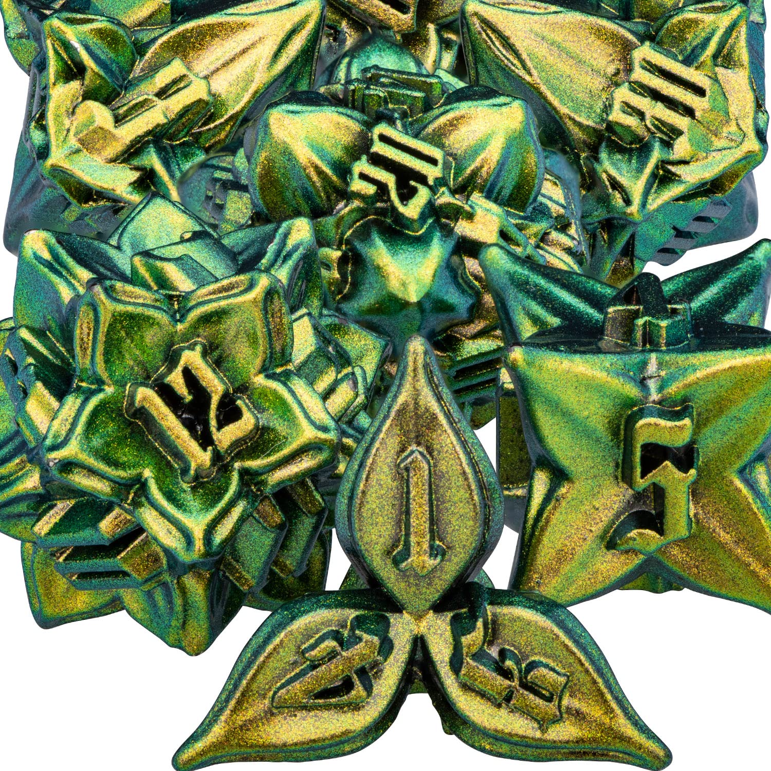ARUOHHA DND Metal Dice Set Yellow Green Leaf Design Polyhedral Dragons Dice with Box, 7PCS Dungeons D and D Dice RPG Role Playing Games D20 D12 D10 D8 D6 — image 1