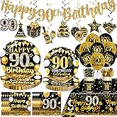 175pcs 90th Birthday Decorations Tableware Set - Black Gold Ninety Banner Hanging Tablecloth & Balloon Set, Serves 25