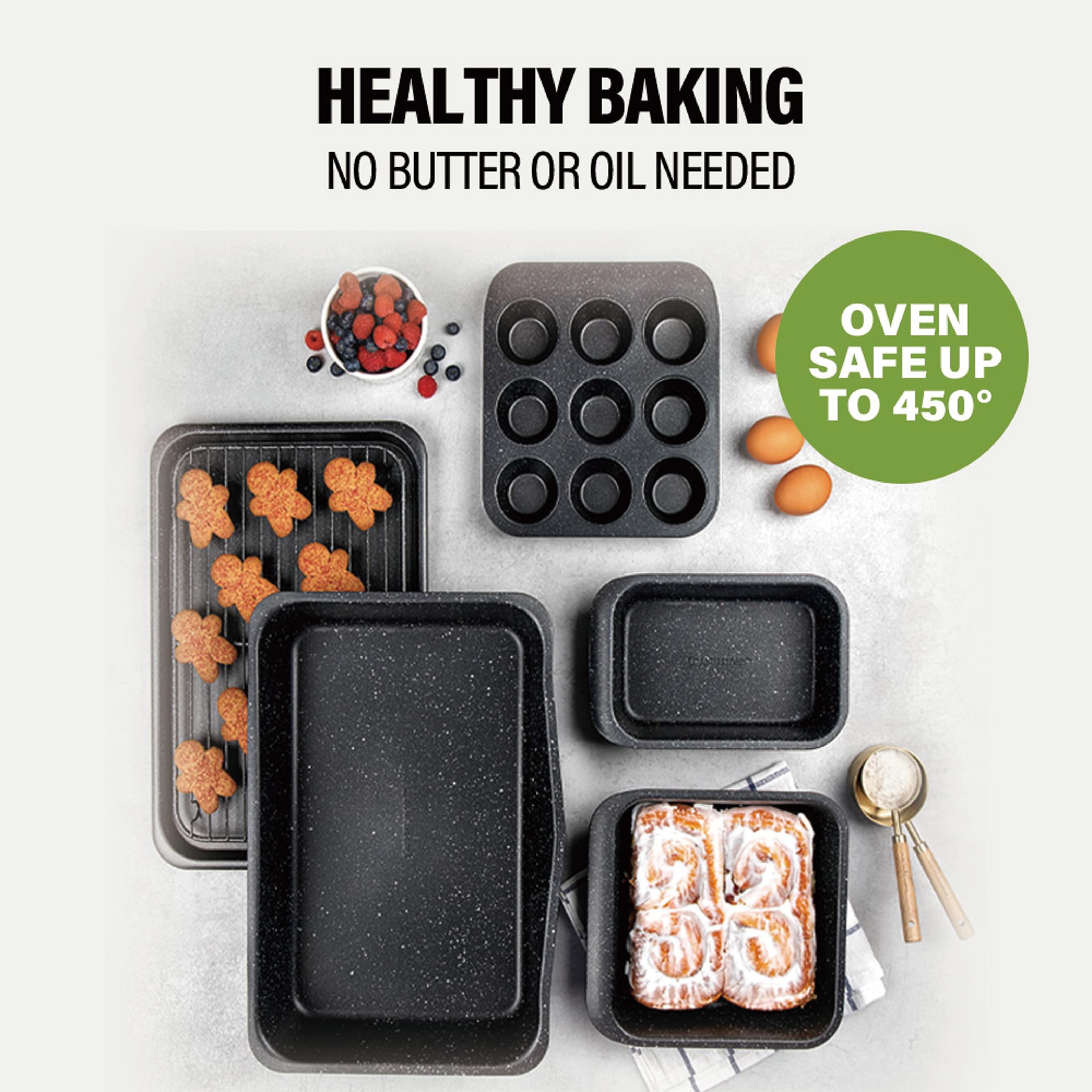 Granitestone Black 5 Pc Nonstick Bakings Pans Set With Cookie Sheet, Loaf Pan, Muffin Pan and Cake Pans, 0.8MM Gauge Alumized Steel, Bakeware Sets, Oven and Dishwasher Safe