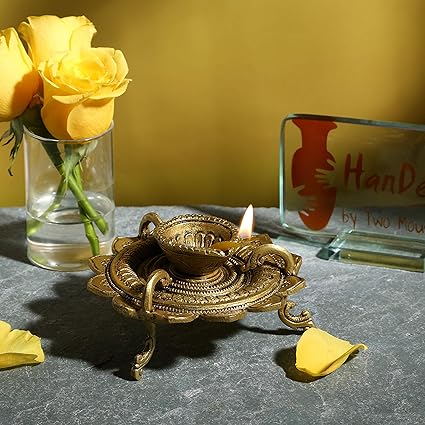 Two Moustaches Brass Lotus Shaped Round Diya (Yellow_5 Inch X 5 Inch X 2.5 Inch)