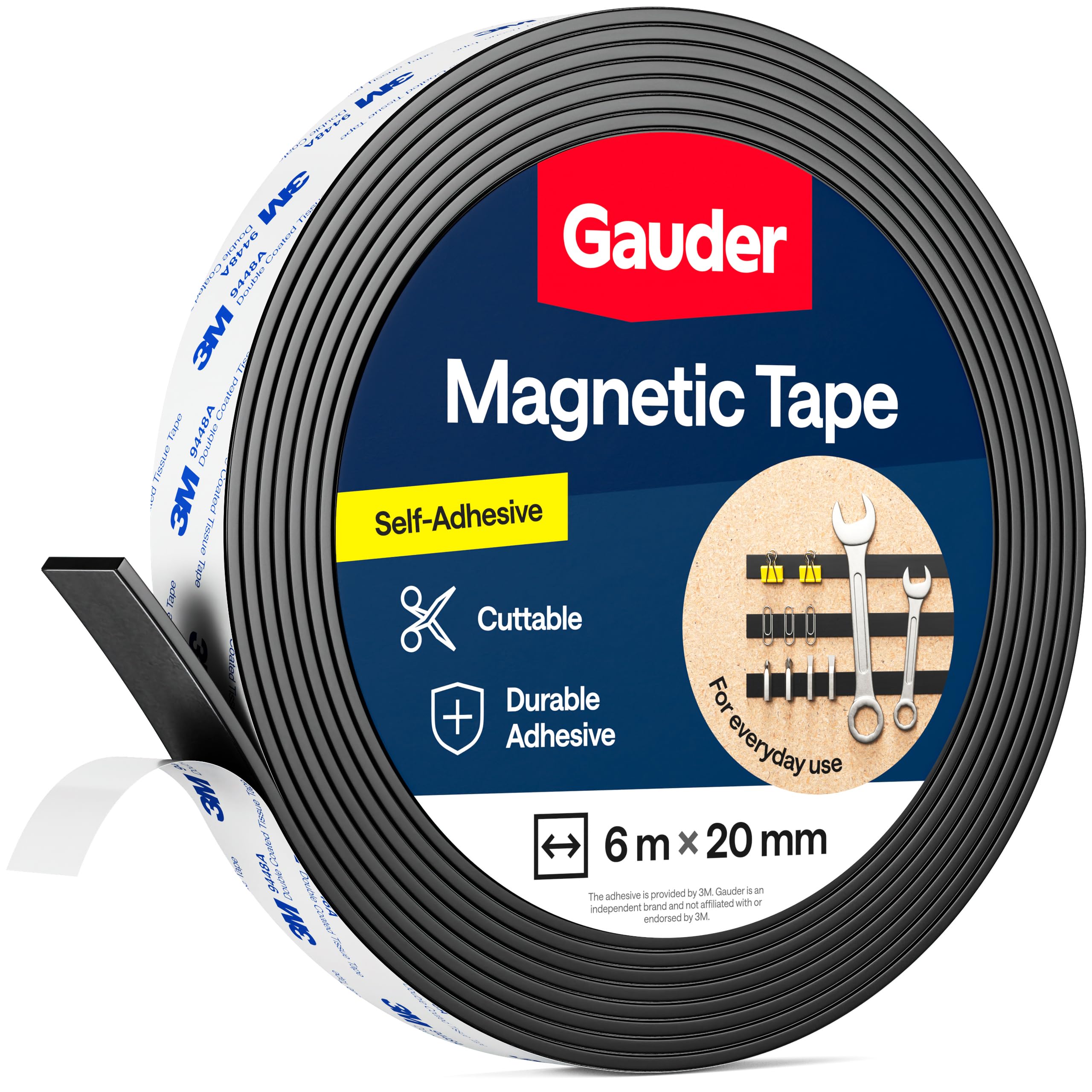 GAUDER Magnetic Tape with 3M Adhesive - Strong Self-Adhesive Magnet Strip - Cuttable Magnetic Tape Roll with Reliable Attraction & 3M Backing (6 m x 20 mm)