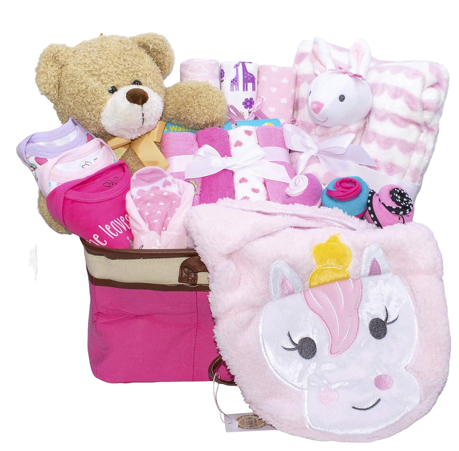 Joyful Arrival Deluxe Baby Gift Set (Girl or Boy) - Diaper Organizer, Baby Clothes & More (Mainly Clothes, Girl)