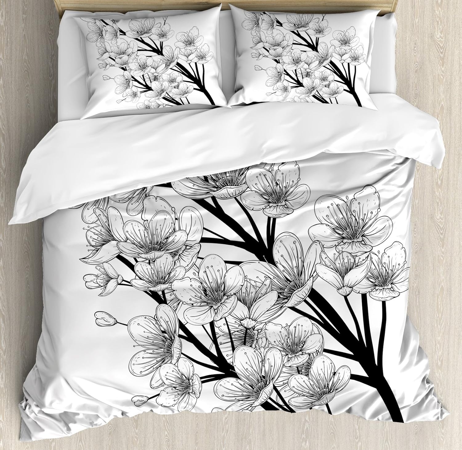 Black and White Duvet Cover Set by Ambesonne, Asian Ethnic Japanese Spring Season Sakura Cherry Blooms Tree Illustration, 3 Piece Bedding Set with Pillow Shams, Queen / Full, Black White