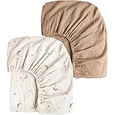 Konssy Muslin Crib Sheets for Girl Boy, 2 PCS Soft and Breathable Cotton Baby Sheets for Standard Crib Mattress, 52"x 28" (Moon,Camel)