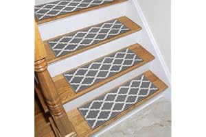 OTTOMANSON Machine Washable Moroccan Trellis Design Non-Slip Rubberback 8.5" x 26" Traditional Indoor Stair Treads for Wooden Stairs, 14 Pack, Gray