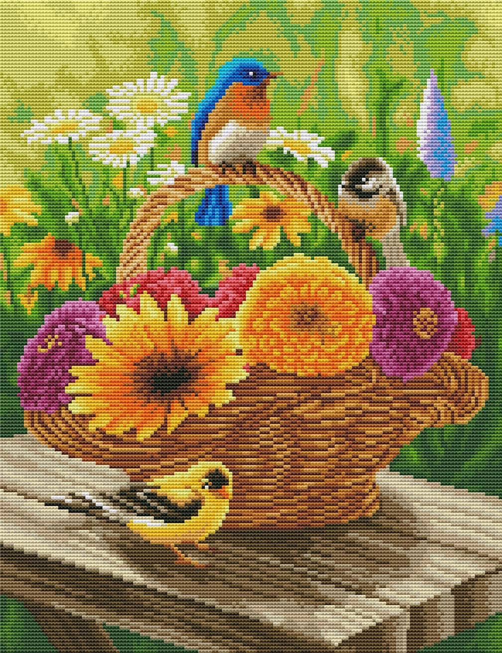 Abillyn Embroidery Cross Stitch Kits Colorful Flowers Basket and Birds Stamped with Printed Pattern Starter Kit (Birds)