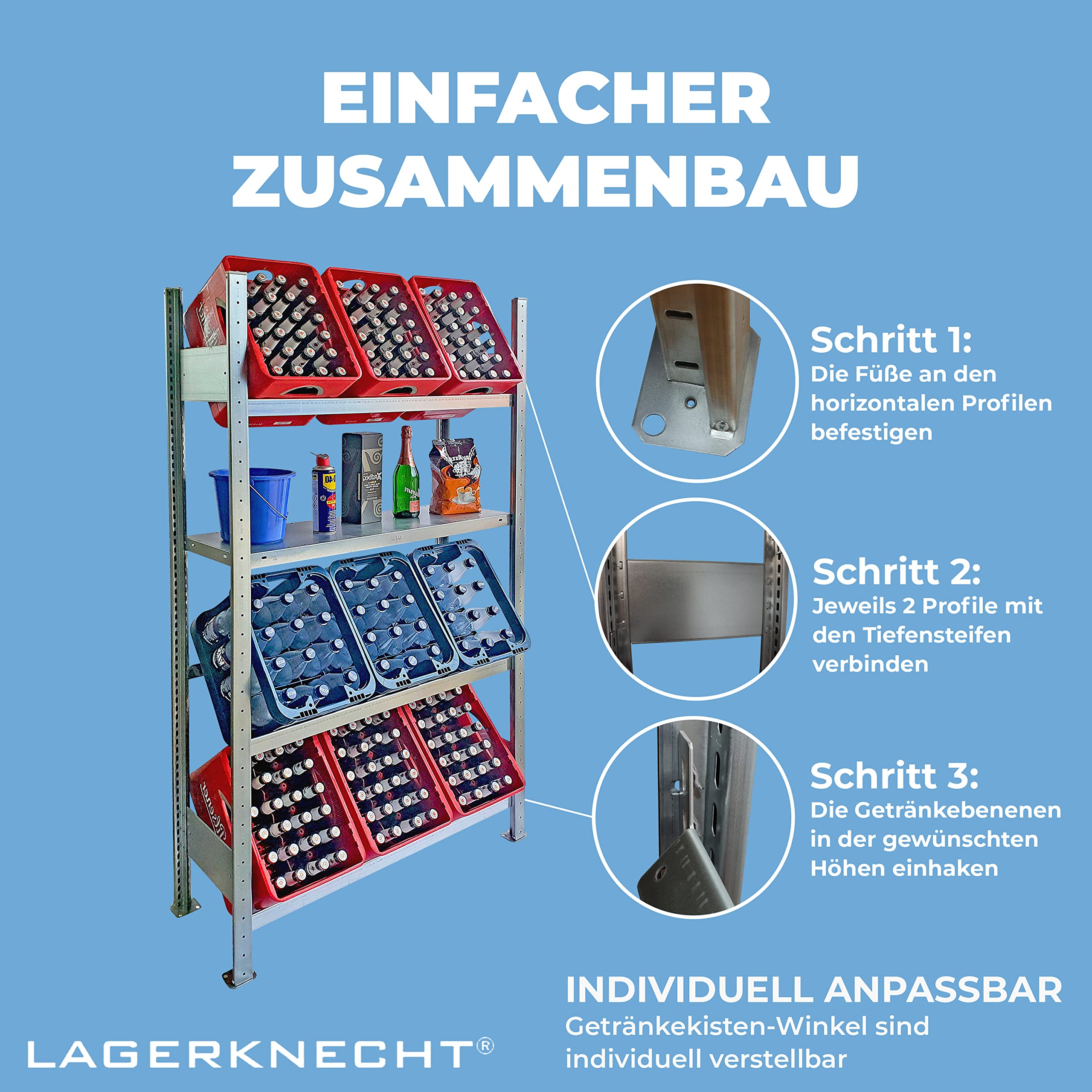 Lagerknecht Getränkekistenregal 9 Kisten Made in Germany professionelle Ordnung für Kisten Regal für Getränkekisten mit Regalboden, Getränkeregal, Wasserkistenregal, Bierkistenregal 4