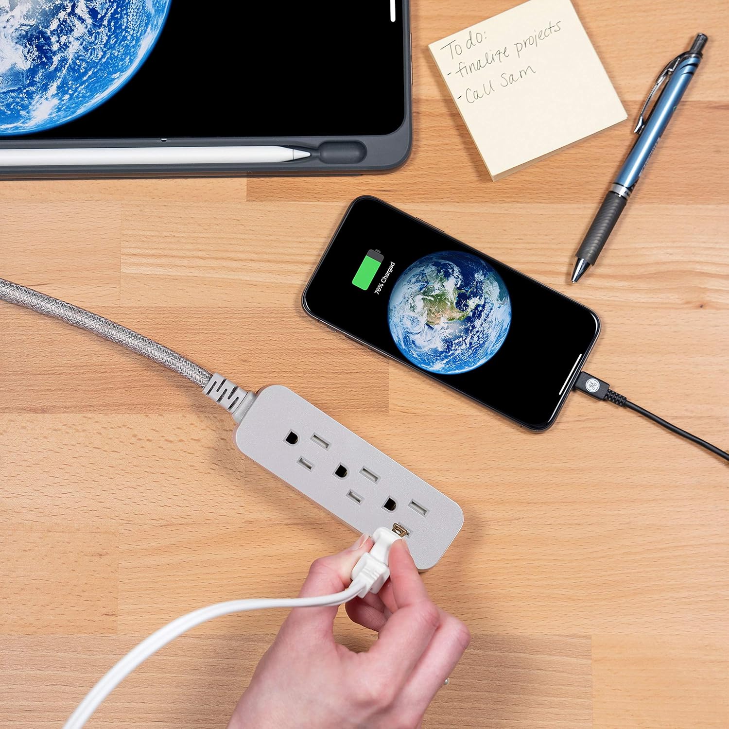 GE, Heather Gray, Designer Power Strip, 6 Inch Braided Extension Cord, 3 Grounded Outlets, Flat Plug, 53199 - - 