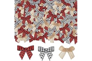 JOICEE 120pcs Christmas Mini Burlap Bow Buffalo Plaid Bows for Craft, Red and Black Checkered Gingham Ribbon Farmhouse Home Decoration for Christmas Tree Gift Decorations