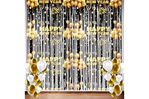 Tingjoo 2 Pack Happy New Year Party Decorations 2026 Black and Gold Happy New Years Eve Foil Curtains Metallic Fringe Tinsel Curtain 2026 Party Backdrop Supplies 3.3 x 6.6 ft Photo Prop Streamer