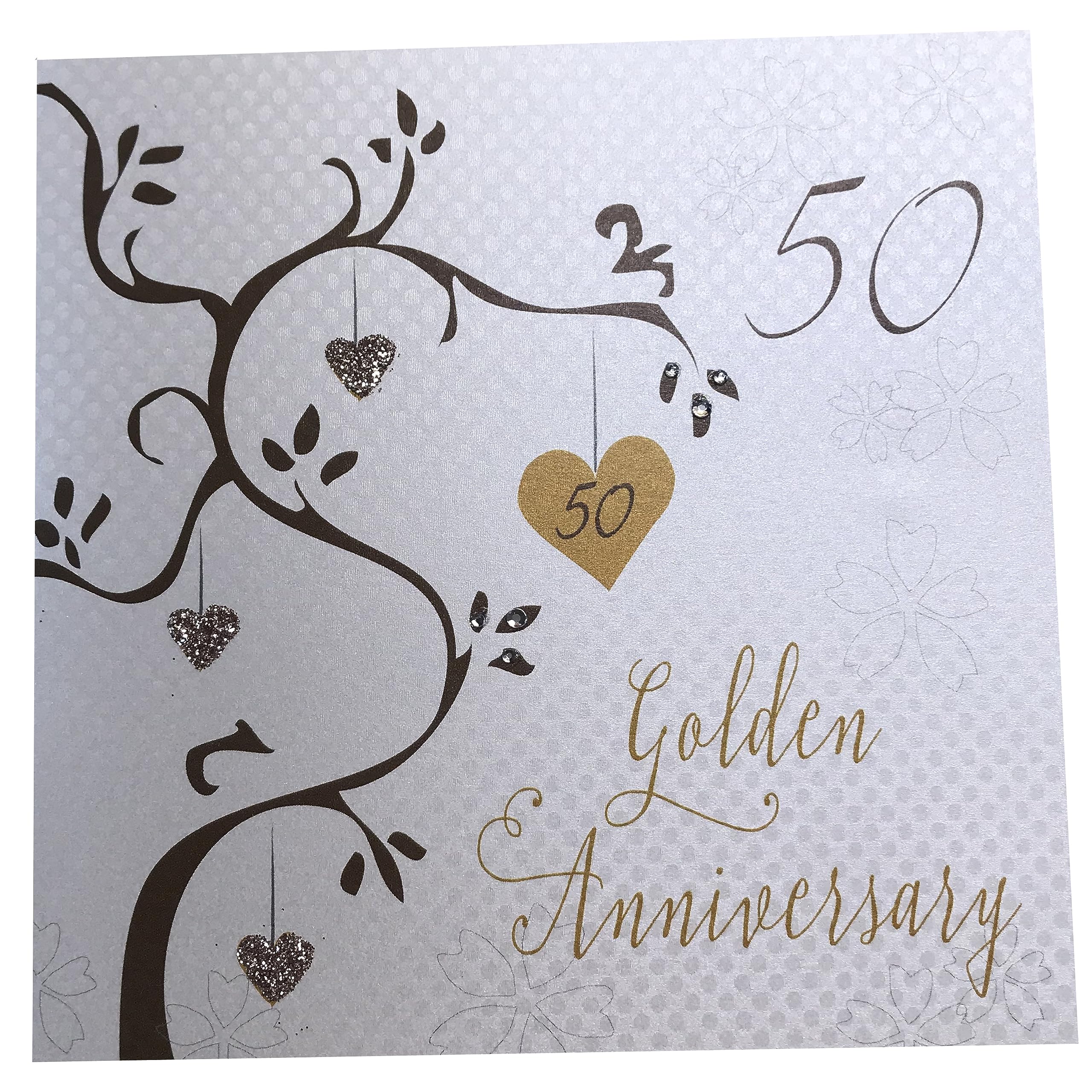 white cotton cards Golden Wedding, Handmade 50th Card (Anniversary Tree, Code AB50)