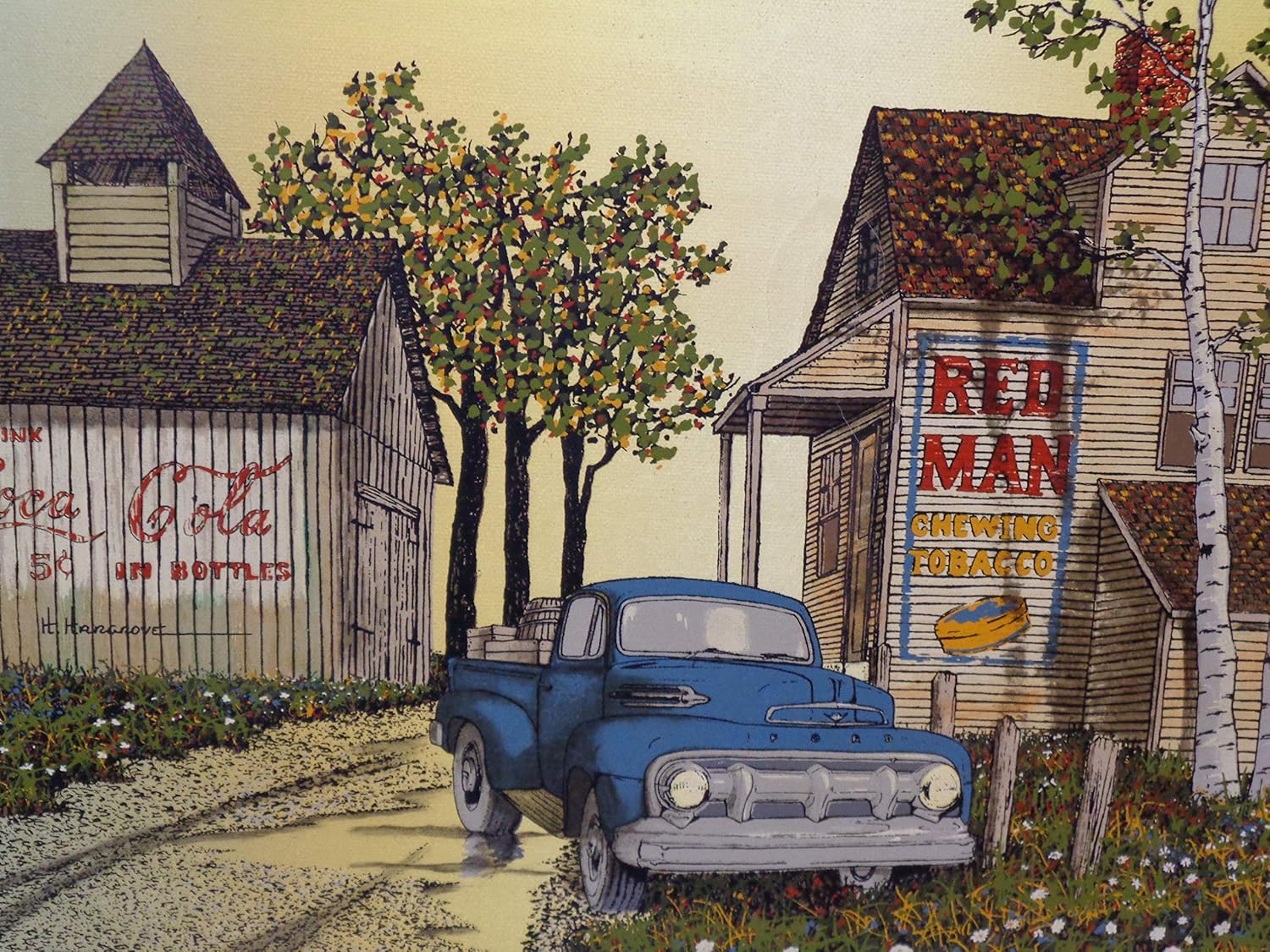 H. Hargrove Signed ''Red Man Tobacco Barn'' 1981 Original Oil Painting On Canvas