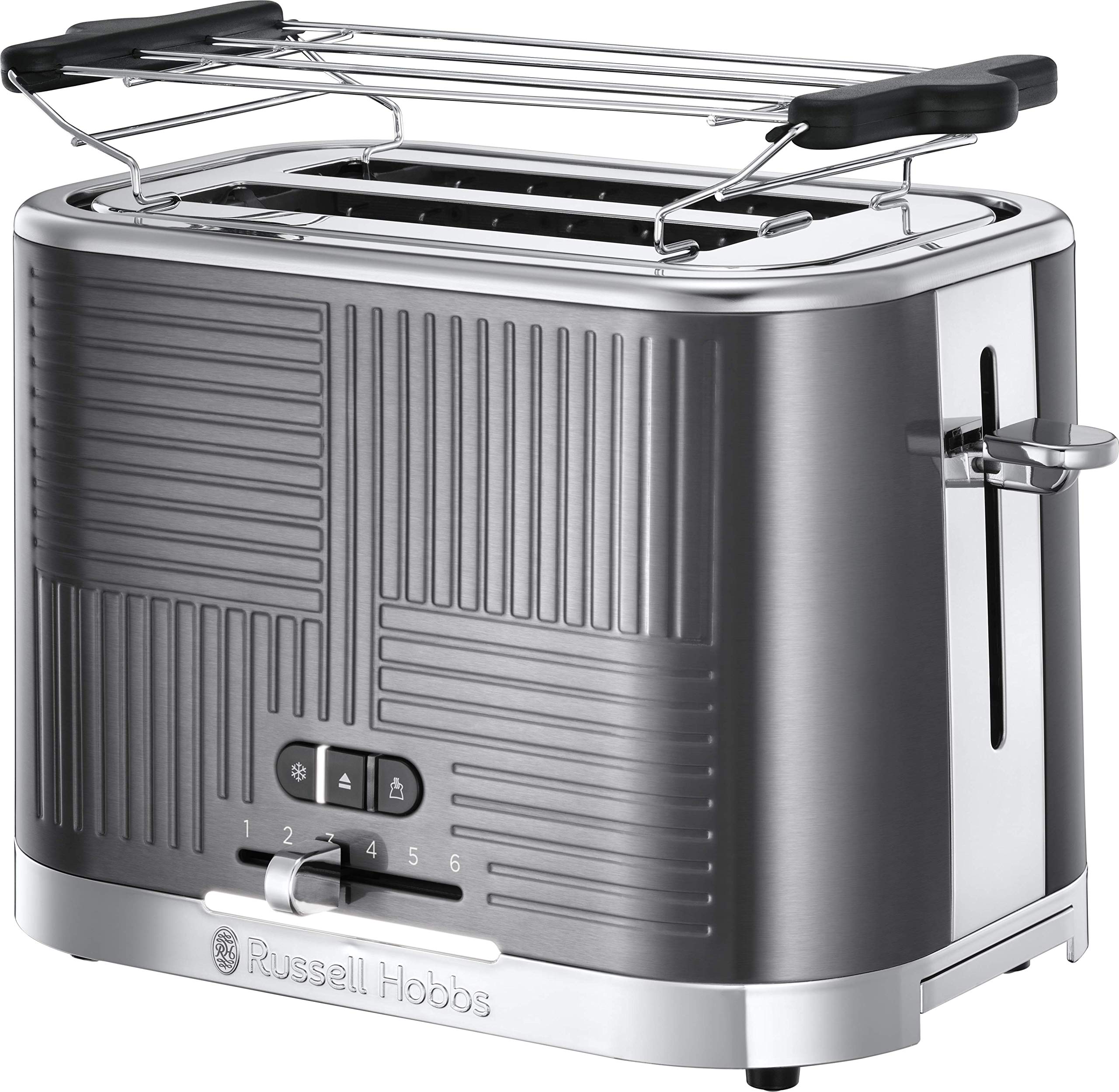 Russell Hobbs Grille Pain [Pour 2 Tranches] Geo Steel (Fentes Larges, 4 Fonctions,Grillage/Brunissage Rapide, Pince Intégrée, Surélévation,Chauffe Viennoiserie,Ramasse Miettes, 1640W) Toaster 25250-56