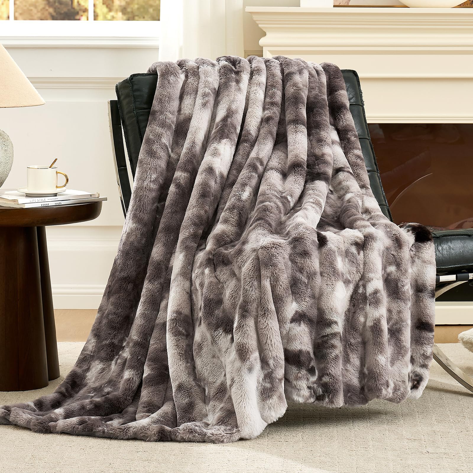 Photo 1 of Cozy Bliss Deluxe Striped Rabbit Faux Fur Throw Blanket, Soft Fluffy Warm Plush Blanket for Winter, Modern Homr Decor, Tie-dye Grey 50"x60"